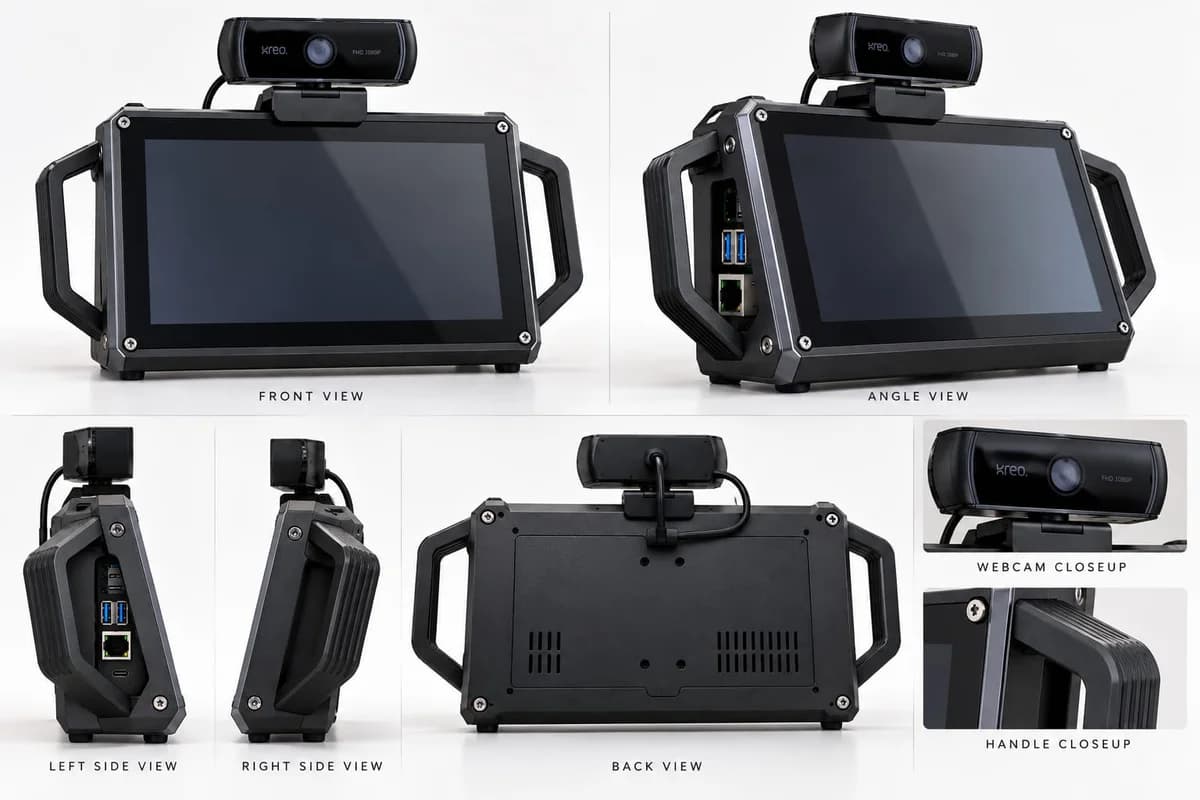 Unidad de campo RECLAIM AI de frente, en ángulo, por ambos lados y por detrás: una pantalla táctil con una cámara web HD encima, manijas para cargarla a cada lado y puertos USB y de red