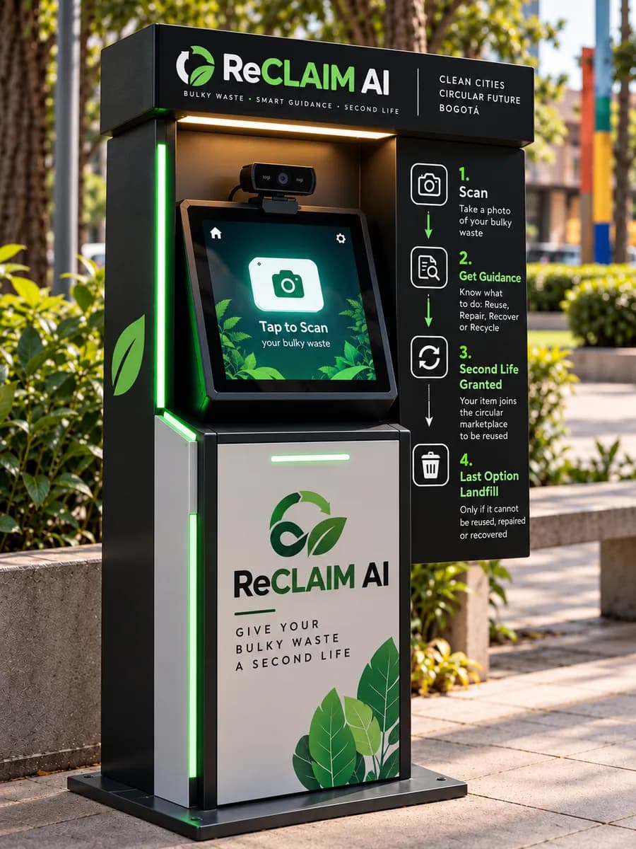 Estación de recuperación RECLAIM AI en un andén: una pantalla táctil con cámara para escanear el objeto y letreros con los pasos escanear, recibir orientación, segunda vida y relleno solo como última opción
